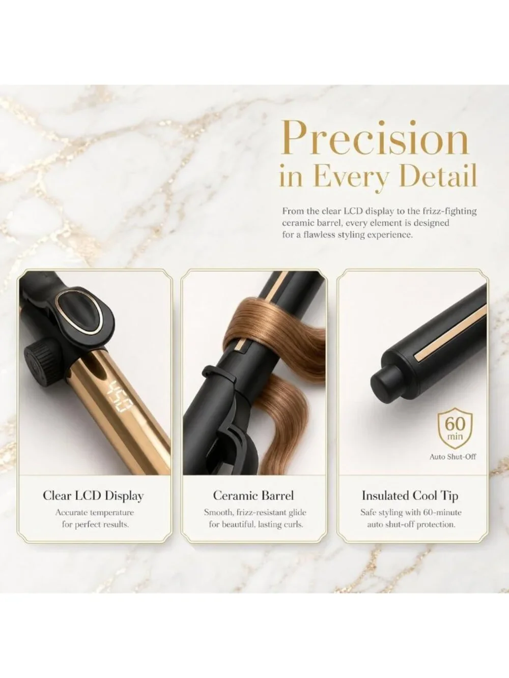 1-Inch Ceramic Curling Iron Wand, Fast Heating, Digital Temp Control, Auto Shut